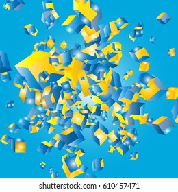 Abstract Background with chaotically scattered cubes of different Blue and Yellow Shades  and different sizes. Trendy Pattern for Print, Paper, Textile.