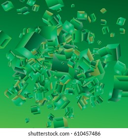 Abstract Background with chaotically scattered cubes of green shades and different sizes. Trendy Pattern for Print, Paper, Textile.