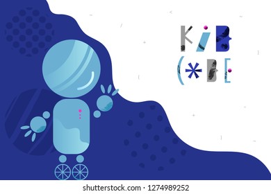 Abstract Background With Charming Robot And Lettering For Children Coding Design Concept In Flat Style. Cartoon Vector Illustration