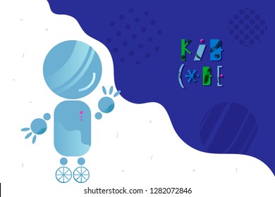 Abstract Background With Charming Robot And Lettering For Children Coding Design Concept In Flat Style. Cartoon Vector Illustration