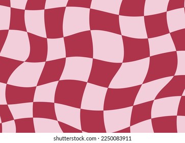 Abstract background checkerboard distorted. Abstract vintage style 1960-1970. In trendy 2023 colors Viva Magenta. Vector illustration.