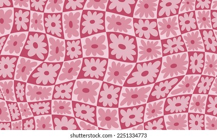 Abstract background checkerboard flower daisy distorted. Abstract vintage style 1960-1970. In trendy 2023 colors Viva Magenta. Vector illustration.
