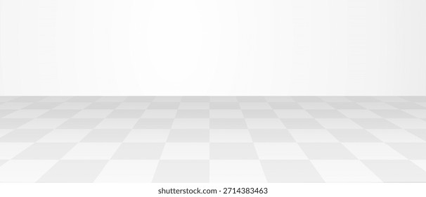Fondo Abstractas con piso de perspectiva a cuadros y pared blanca. Superficie con el patrón del tablero de ajedrez para la exhibición del producto, temas digitales. Ilustración vectorial
