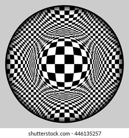 Abstract background. Checkered surface with voluminous balls in frame with shadow. Black and white monochrome pattern. Vector stylization 3d