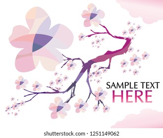 Abstract background with cherry blossom and text. Floral pattern in mosaic. Spring flowers decorative branch for surface design.