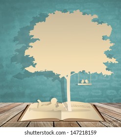 Abstract Background With Children Read A Book Under Tree. Vector Illustration.