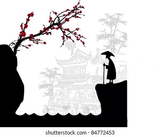 abstract background of chines plum trees with a wise man