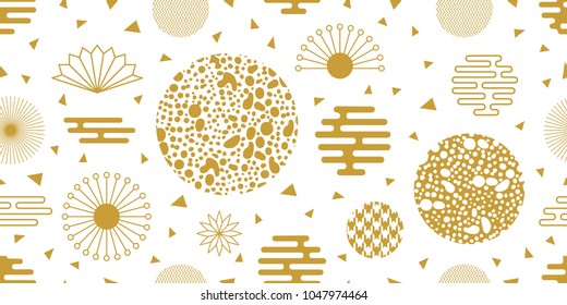 Abstract background with Chinese art motifs. Seamless white and golden pattern with flowers, fans, leopard print and other geometric elements.