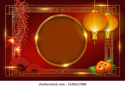 abstract background of Chinese New Year with glowing red lantern and firecracker, Vector illustration