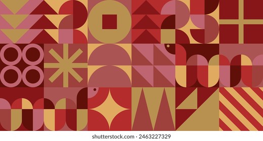 Abstract background with Chinese new year 2025. Numbers and a snake made of geometric shapes in the Bauhaus style in red, yellow and gold. Notebook cover, brochure design template, postcard, banner. 