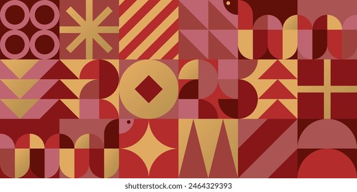 Fondo Abstractas con el año nuevo chino 2025. Números y serpiente de Formas geométricas en estilo Bauhaus en rojo, amarillo y oro. Patrón sin costuras. Vector EPS10