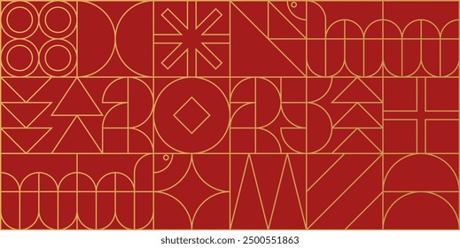 Abstract background with Chinese New Year 2025. Bauhaus outline numbers and snake made of geometric shapes in retro style in red, yellow and gold. Seamless pattern. Vector EPS10