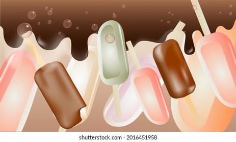 Abstract background with chocolate drips and various types of ice cream