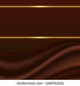 Abstract background. Chocolate wave silk texture and golden glowing lines on dark brown. Vector illustration