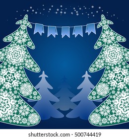 Abstract background Christams tree from snowflakes and paper flags. 