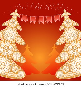Abstract background Christams tree from snowflakes and paper flags. 
