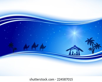 Abstract background, Christian Christmas scene with shining star on blue sky and birth of Jesus, illustration.
