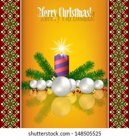 Abstract background with Christmas decorations and candle on yellow