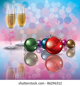 Abstract background with Christmas decorations and champagne