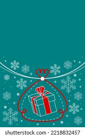 Abstract background with a Christmas gift in a stylized bag and snowflakes. Christmas and New Year greeting card template. Winter art design