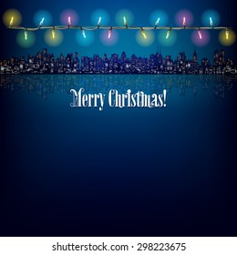 abstract background with Christmas lights and silhouette of city