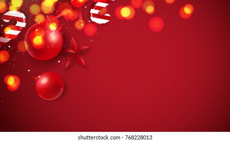 Abstract Background of Christmas Red Knitted Pattern with christmas lights and decorations. Vector illustration