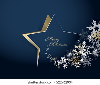 Abstract background with Christmas star and Merry Christmas text with many snowflakes - gold version 