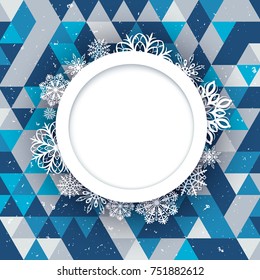 Abstract background Christmas style. Beautiful figured frame of snowflakes. Bright juicy colors.