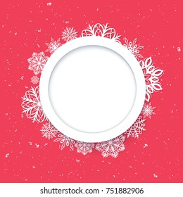 Abstract background Christmas style. Beautiful figured frame of snowflakes. Bright juicy colors.