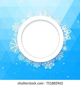 Abstract background Christmas style. Beautiful figured frame of snowflakes. Bright juicy colors.