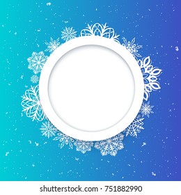 Abstract background Christmas style. Beautiful figured frame of snowflakes. Bright juicy colors.