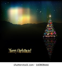 abstract background with Christmas tree and aurora borealis