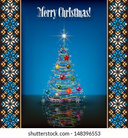 Abstract background with Christmas tree and decorations on blue