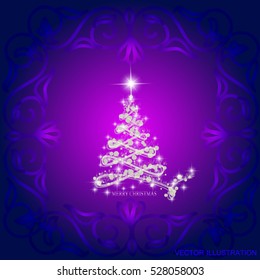 Abstract background with christmas tree, lines, stars and ornaments. Vector illustration in blue and white colors.