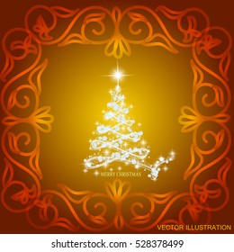 Abstract background with christmas tree, lines, stars and ornaments. Vector illustration in yellow and white colors.