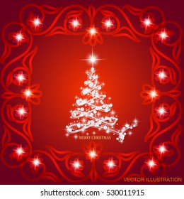 Abstract background with christmas tree, lines, stars and ornaments. Illustration in red and white colors. Vector illustration.