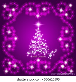 Abstract background with christmas tree, lines, stars and ornaments. Vector illustration in lilac and white colors.