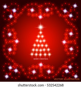 Abstract background with christmas tree, lines, stars and ornaments. Illustration in red and white colors. Vector illustration.