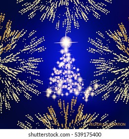 Abstract background with christmas tree, lines, stars and ornaments. Illustration in blue and gold colors with gold placer in border. Vector illustration.