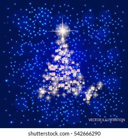 Abstract background with christmas tree, lines and stars. Illustration in blue and white colors. Vector illustration.