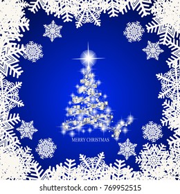 Abstract background with christmas tree and snowflakes. Illustration in blue and white colors. Vector illustration.