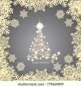 Abstract background with christmas tree and snowflakes. Illustration in black and white colors. Vector illustration.