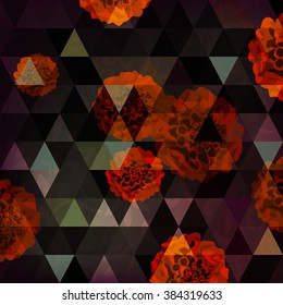 Abstract background with  chrysanthemum and triangles on dark background