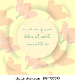 Abstract background with circle in center and concentric waves around it. Tulip flowers placed diagonally on the backdrop. Blank template for any design project. Vector EPS10 illustration.