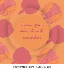 Abstract background with circle in center and concentric waves around it. Tulip flowers placed diagonally on the backdrop. Blank template for any design project. Vector EPS10 illustration.