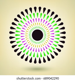 Abstract background, circle frame in black, green, pink and yellow, halftone design element, screen print texture