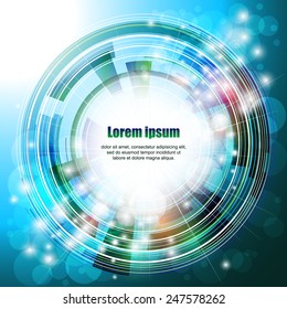 Abstract background with circle, lights and blue-green geometric elements. Place for your text. Vector illustration for your design.