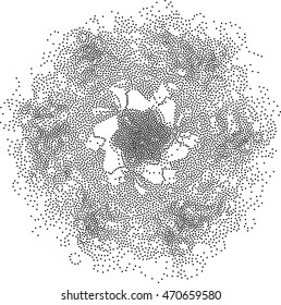 Abstract background in circle of monochromatic halftone lines. Vector design element.