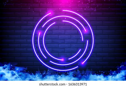 abstract background of circle neon frame ,smoke and brick wall