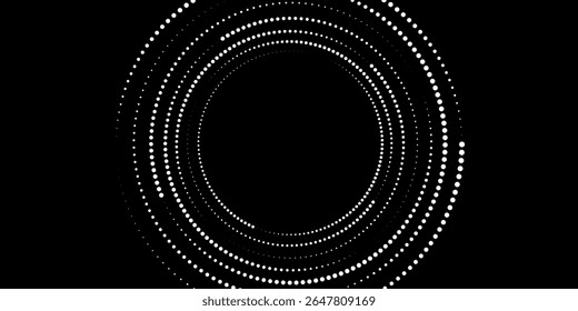 Plano de fundo abstrato em forma de círculo com pontos de meio-tom dinâmicos como setas. mesma forma branca no lado preto.